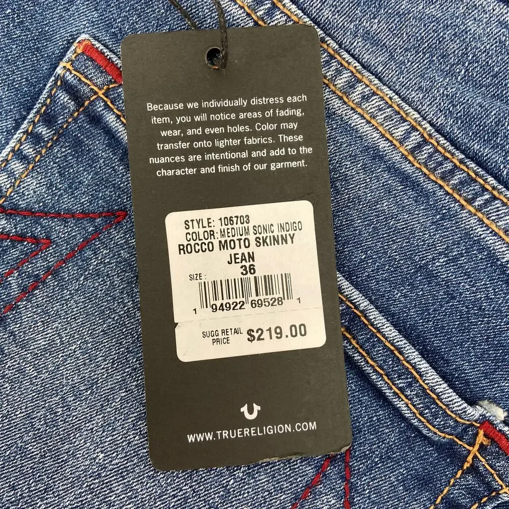True Religion Jeans Mens Size 36 Rocco Moto‎ Med Sonic Indigo Stretch
